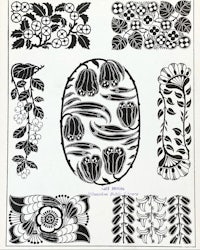 a black and white drawing of flowers and leaves